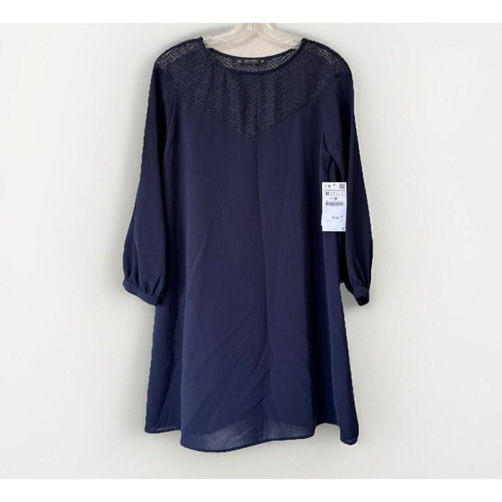 Zara Dress Womens Size Medium Blue Lace Bell Sleeve Lined New With Tag